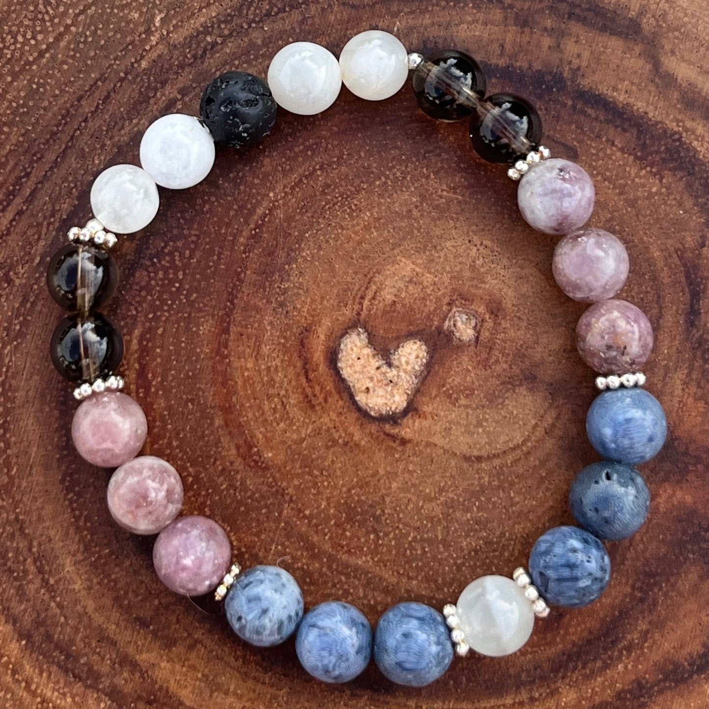 Lunar Calm Crystal Bracelet - Moonstone, Blue Sponge Quartz, Smoky Quartz, Lepidolite & Lava Stone