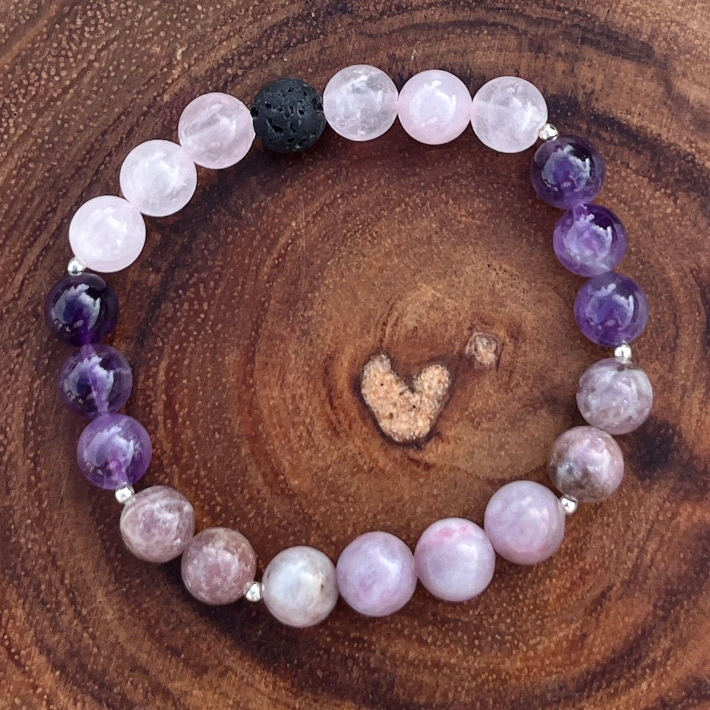 Tranquil Dreams Crystal Bracelet - Rose Quartz, Amethyst, Lilac Jasper, Lepidolite & Lava Stone