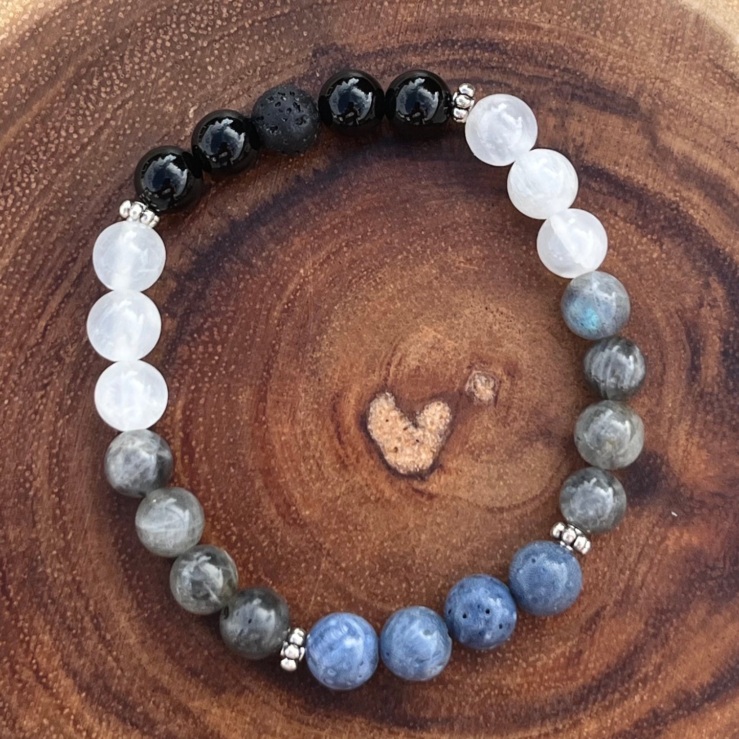 Mystical Crystal Bracelet - Blue Sponge Quartz, Labradorite, Selenite, Black Onyx & Lava Stone