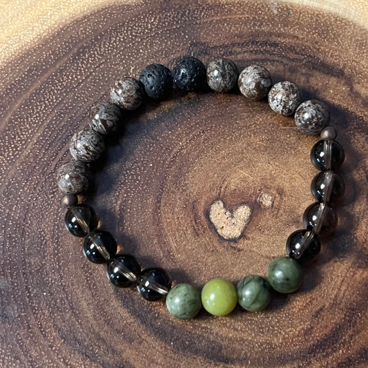 Crystal Bracelet - Brown Snowflake Obsidian, Smoky Quartz, Nephrite & Lava Stone