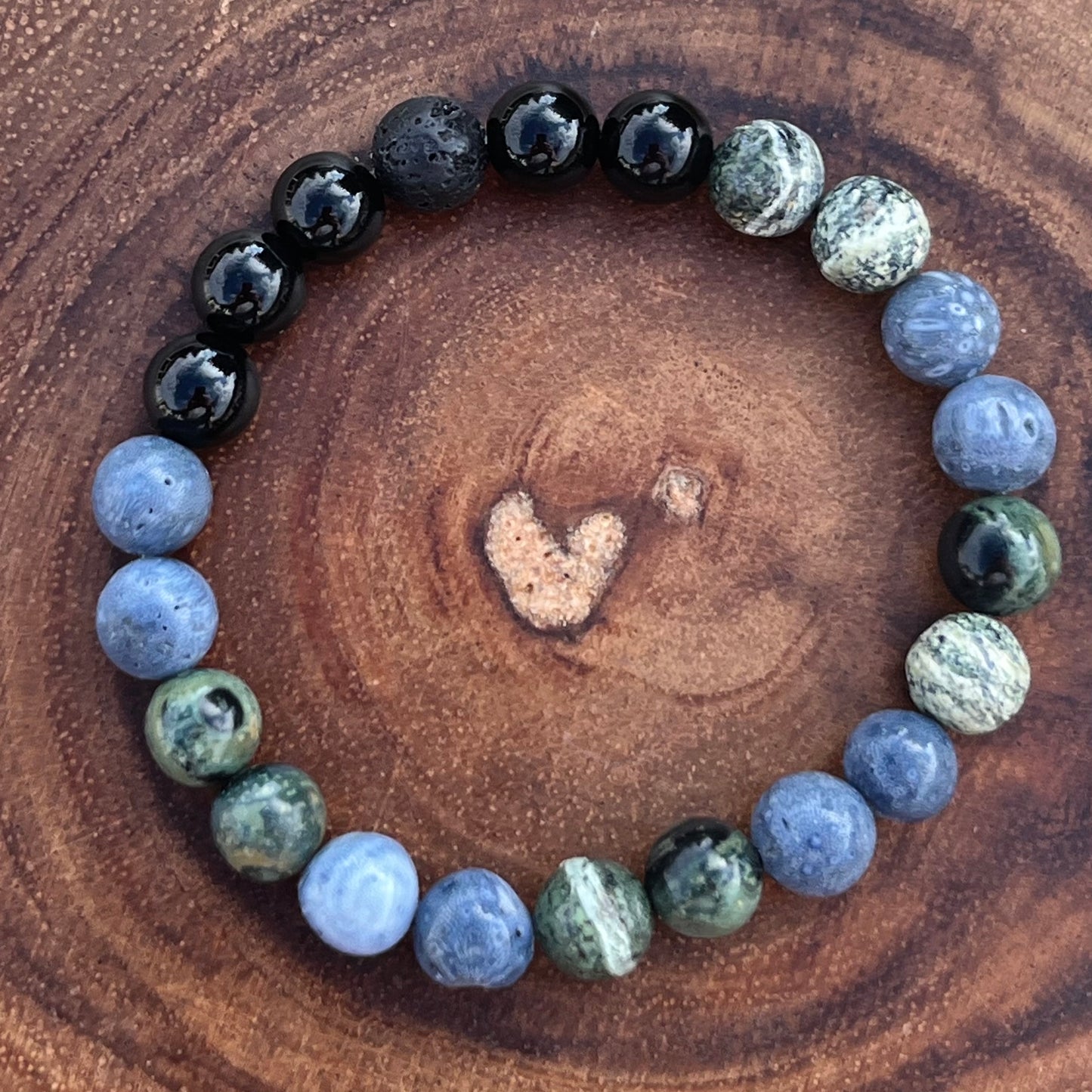 Healing Crystal Bracelet - Blue Sponge Quartz, Green Zebra Jasper, Black Onyx & Lava Stone