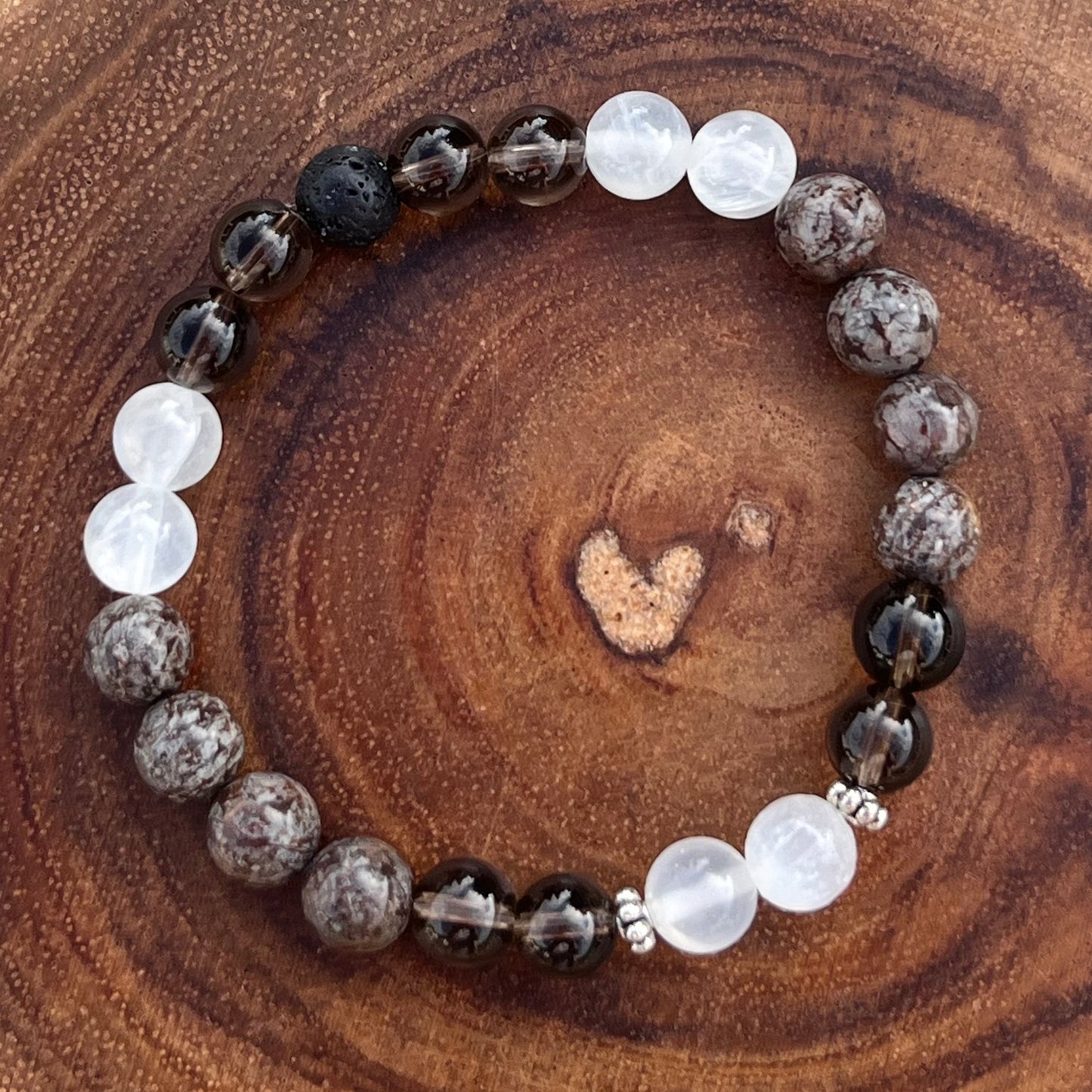 Grounding & Clarity Crystal Bracelet - Brown Snowflake Obsidian, Smoky Quartz, Selenite & Lava Stone