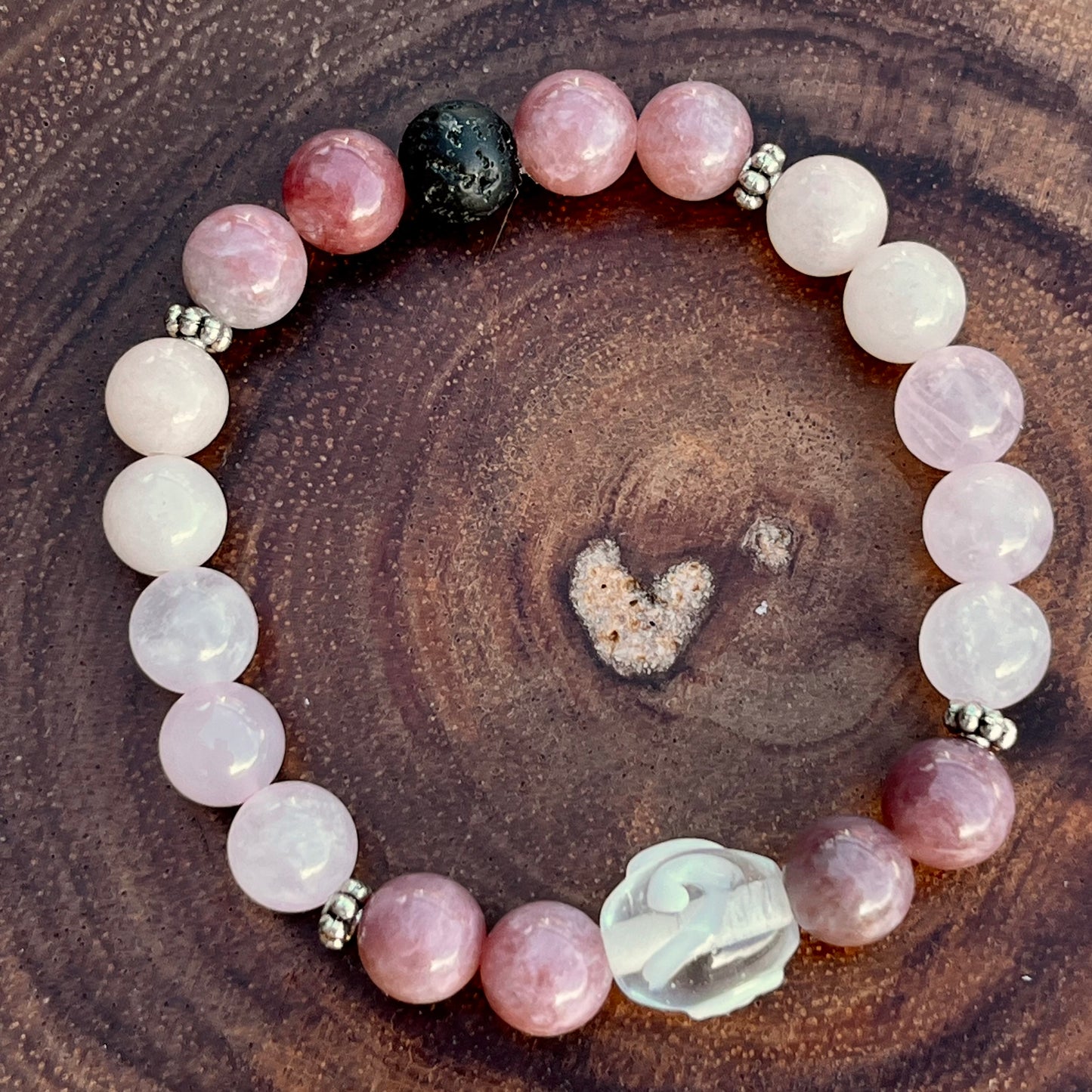 "Estella" Crystal Bracelet - Purple Berry Quartz, Rose Quartz, Peach Chalcedony, Glass Bead and Lava Stone